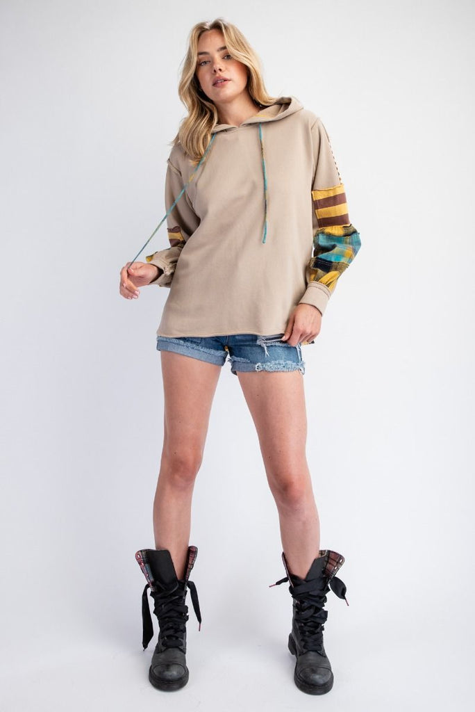 Plaid Mix Hoodie in Khaki Plus