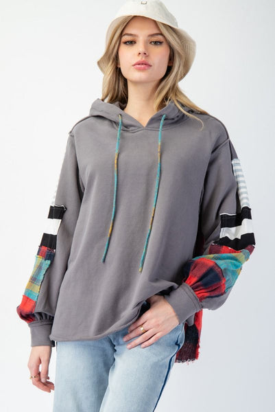 Plaid Mix Hoodie in Ash